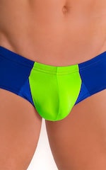Pouch Enhanced Micro Square Cut Swim Trunks in ThinSKINZ Neon Lime and Royal Blue, Front Alternative