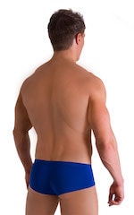 Pouch Enhanced Micro Square Cut Swim Trunks in ThinSKINZ Neon Lime and Royal Blue, Rear View