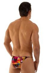Stuffit Pouch Half Back Tanning Swimsuit in Semi Sheer ThinSKINZ Optic Plaid, Rear View