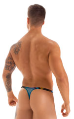 T Back Thong Swimsuit - Bravura Pouch in Aquarious Print on Mesh, Rear View