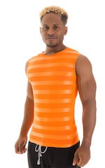 Sleeveless Lycra Muscle Tee in Orange Satin Stripe Mesh, Front View