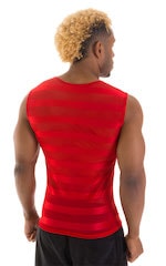 Sleeveless Lycra Muscle Tee in Red Satin Stripe Mesh, Rear View