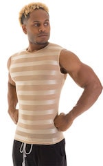 Sleeveless Lycra Muscle Tee in Sand Satin Stripe Mesh, Front View