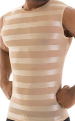 Sleeveless Lycra Muscle Tee in Sand Satin Stripe Mesh, Front Alternative