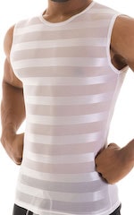 Sleeveless Lycra Muscle Tee in White Satin Stripe Mesh, Front Alternative