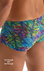 Extreme Low Square Cut Swim Trunks in Tan Through Neon Ferns 3.5