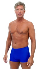 Square Cut Seamless Swim Trunks in Wet Look Royal Blue, Front View
