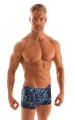 mens 2022 best seller square cut swim trunks boxer swimsuit in semi sheer dark water print