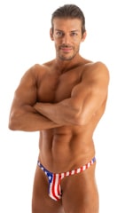 Mens Thong Swimsuit - Bravura Pouch in Stars on Royal and Stripes 3