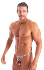 Mens Thong Swimsuit - Bravura Pouch in Semi Sheer Hibiscus Print on Mesh 4
