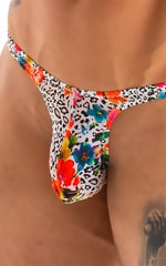 Mens Thong Swimsuit - Bravura Pouch in Semi Sheer Hibiscus Print on Mesh 3