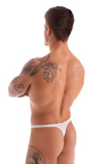 T Back Thong Swimsuit - Bravura Pouch in Super ThinSKINZ White, Rear View