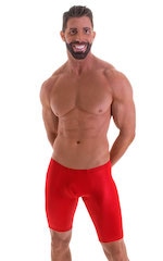 Fitted Pouch Lycra Shorts in Wet Look Lipstick Red, Front Alternative