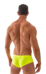 Pouch Enhanced Micro Square Cut Swim Trunks in ThinSKINZ Coral and Chartreuse, Rear View