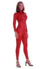 Back Zipper Catsuit-Bodysuit in Wet Look Lipstick Red, Front View