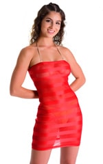Mini Strapless Bodycon Dress in Red Satin Stripe Mesh, Front View
