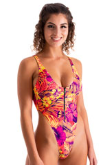 Womens Zipper Front One Piece Thong Swimsuit in Tahitian Sunset 3