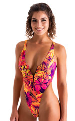 Womens Zipper Front One Piece Thong Swimsuit in Tahitian Sunset 1