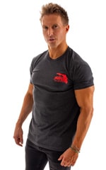SKINZ  Red Logo on Charcoal Heather Tee Shirt, Front View