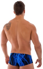 Pouch Enhanced Micro Square Cut Swim Trunks in Blue Lightning, Rear View