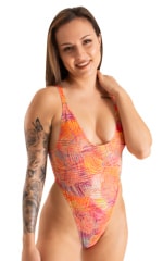 Womens One Piece Thong Swimsuit in Tan Through Orange Jungle 4