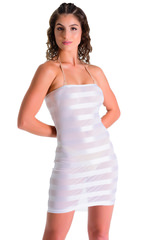 Mini Strapless Bodycon Dress in White Satin Stripe Mesh, Front View