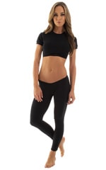 Womens Super Low Rise Fitness Leggings in Black Cotton Lycra, Front View