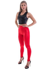 Womens Leggings - Fashion Tights in Wet Look Lipstick Red, Front View