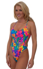 One Piece Swimsuit  Criss Cross Moderate Cut in in Hawaiian Floral, Front View