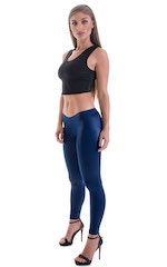 Womens Super Low Rise Fitness Leggings in Wet Look Navy Blue Nylon-Lycra, Front Alternative
