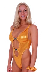Womens One Piece Thong Swim Suit in Metallic Mystique Yellow-Chartreuse, Front View