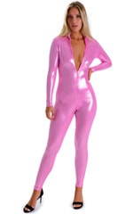 Front Zipper Catsuit-Bodysuit in Metallic Mystique Bubblegum Pink, Front View