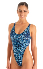 Womens One Piece Thong Swimsuit in Blue Leopard 3