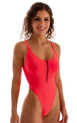 One Piece Zipper in Semi Sheer ThinSKINZ Neon Coral, Front View