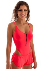 SusieQ Split Short Beach Cover-Up in Semi Sheer ThinSkinz Neon Coral, Front View
