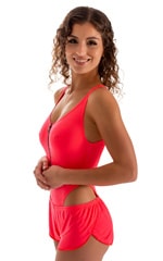 SusieQ Split Short Beach Cover-Up in Semi Sheer ThinSkinz Neon Coral, Front Alternative